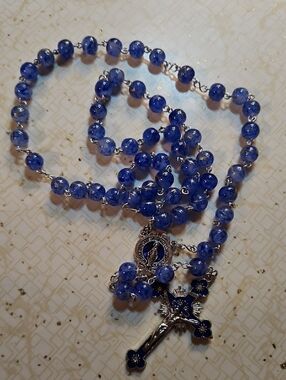 Hand Crafted Blue Glass Beaded Rosary with Crucifix